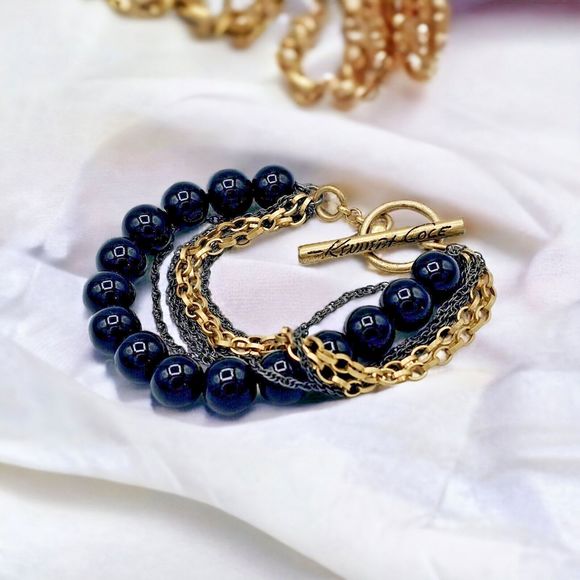 Kenneth Cole Bracelet Brass Black Glass Bead Multi Chain Toggle Fashion Jewelry - Picture 1 of 8